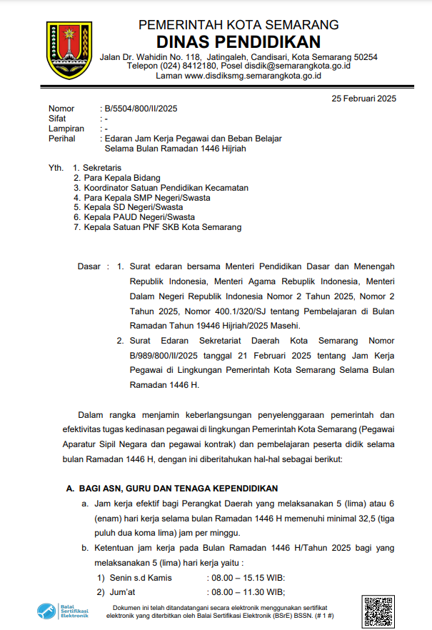 Edaran Jam Kerja Pegawai dan Beban Belajar Selama Bulan Ramadan 1446 Hijriah